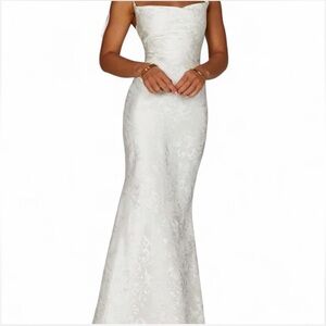 BabyBoo ivory jacquard maxi gown dress Sz XL tie up cowl neck bridal